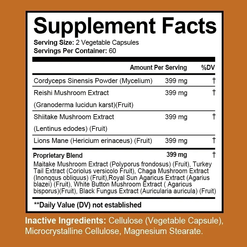 Mushroom Complex Supplement - Supports Brain and Immune Health, Enhances Memory, Focus and Clarity, Boosts Energy, Non-GMO