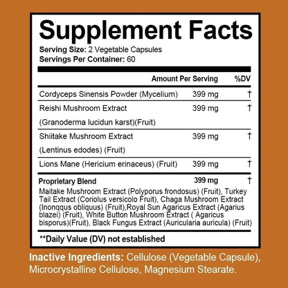 Mushroom Complex Supplement - Supports Brain and Immune Health, Enhances Memory, Focus and Clarity, Boosts Energy, Non-GMO