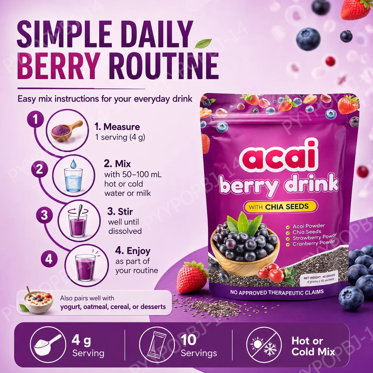 Acai Berry Supplement Powder with Chia Seeds – Berry &amp; Seed Blend – 10 Sachets – Easy To Mix – Non-GMO, Gluten Free
