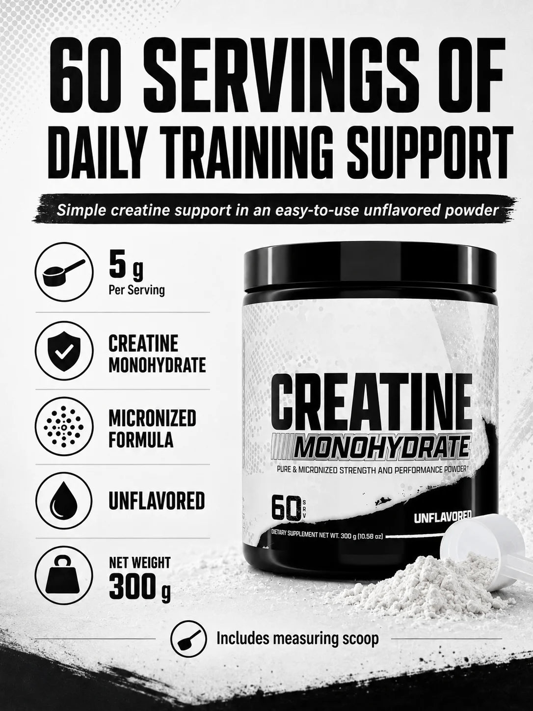 Creatine Monohydrate Powder 300g 60 Servings Micronized Unflavored Easy to Mix Strength Performance Muscle Growth Supplement