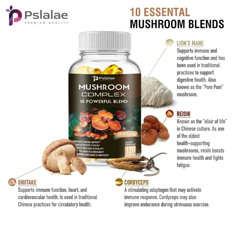Mushroom Complex Supplement - Supports Brain and Immune Health, Enhances Memory, Focus and Clarity, Boosts Energy, Non-GMO