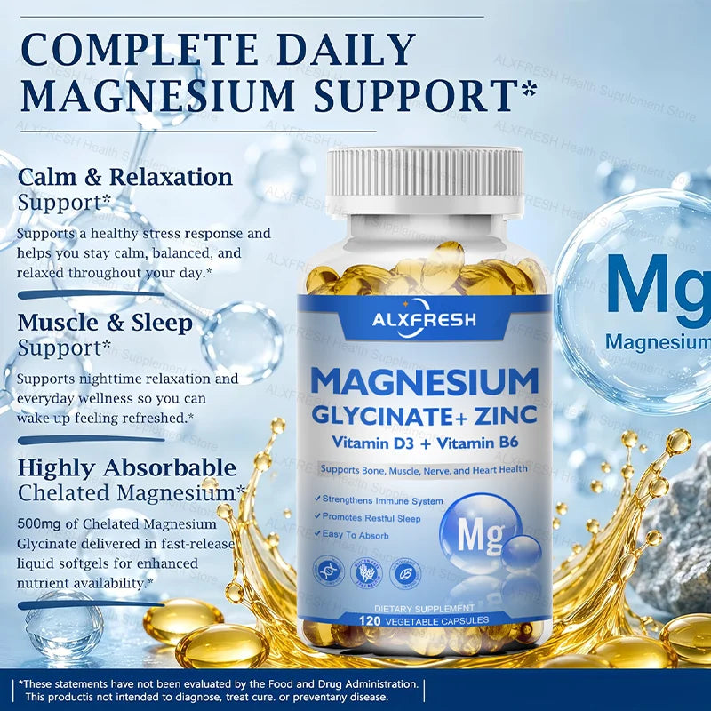 Original Magnesium Glycinate 500mg Supplement – High Absorption for Relaxation, Sleep &amp; Muscle Support - D3 B6 Zinc