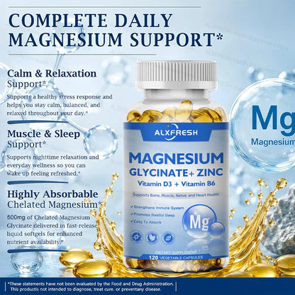 Original Magnesium Glycinate 500mg Supplement – High Absorption for Relaxation, Sleep &amp; Muscle Support - D3 B6 Zinc