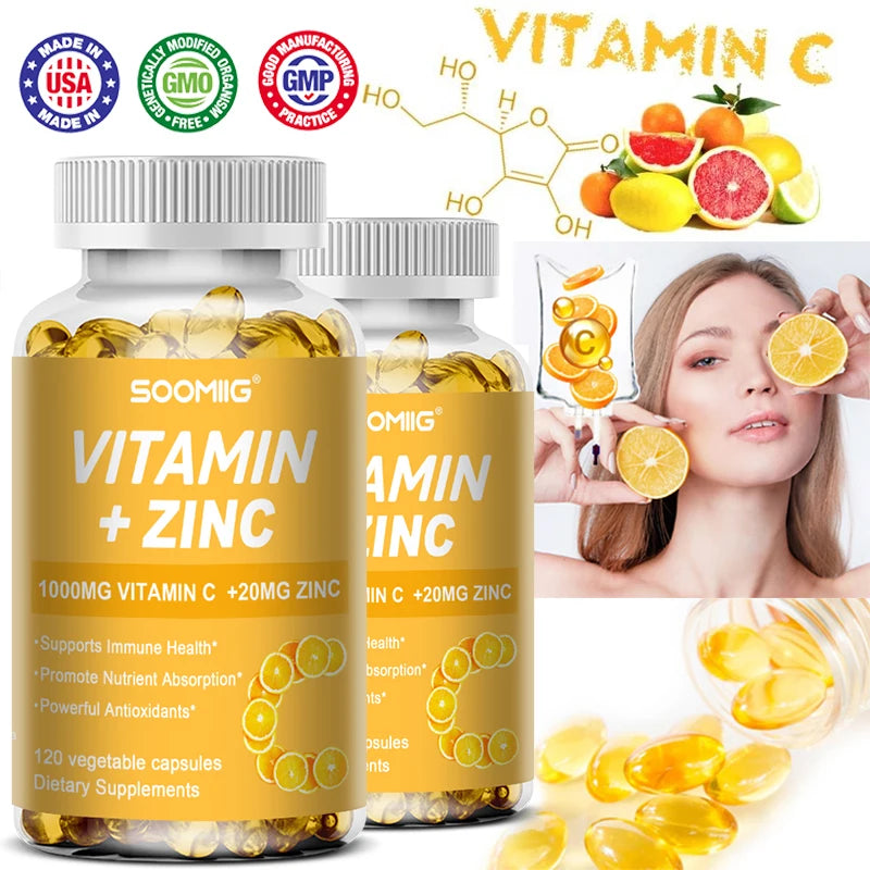 Soomiig Vitamin C with Zinc Capsules Vitamin C 1000MG, Zinc 20 Mg, for Immune Support Powerful Antioxidant &amp; Energy Production
