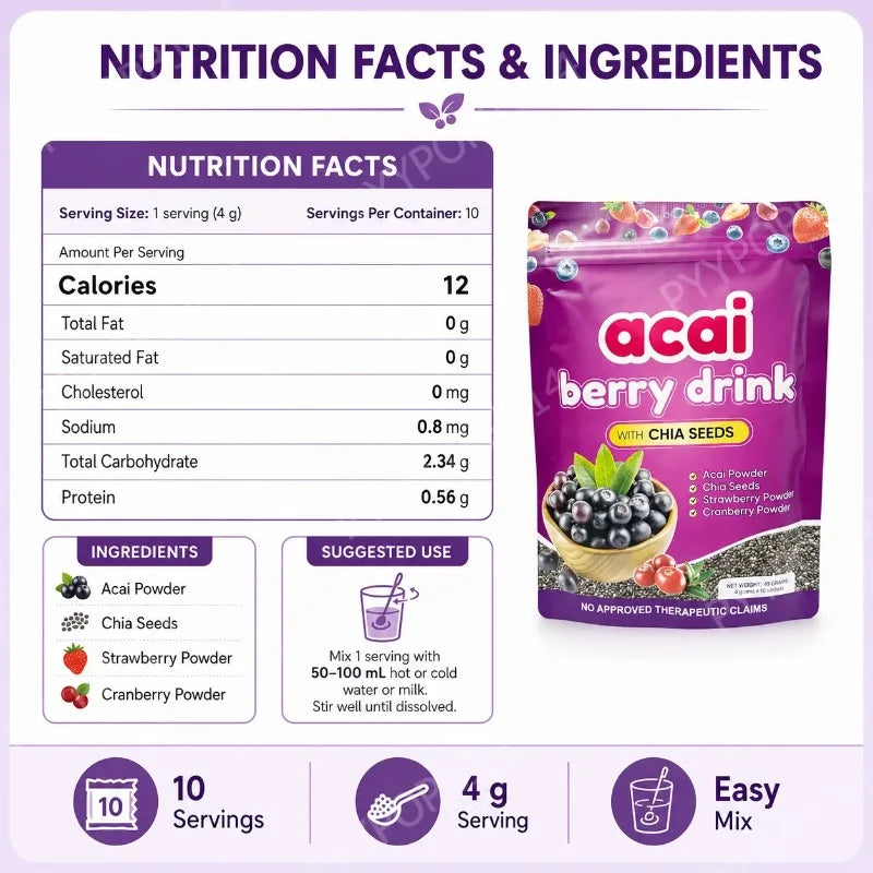Acai Berry Supplement Powder with Chia Seeds – Berry &amp; Seed Blend – 10 Sachets – Easy To Mix – Non-GMO, Gluten Free