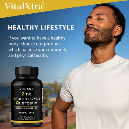 Zinc Quercetin 500mg with Vitamin C Vitamin D3 Bromelain Immune Support High Potency Supplement (Non-GMO, Gluten-Free, Vegan)
