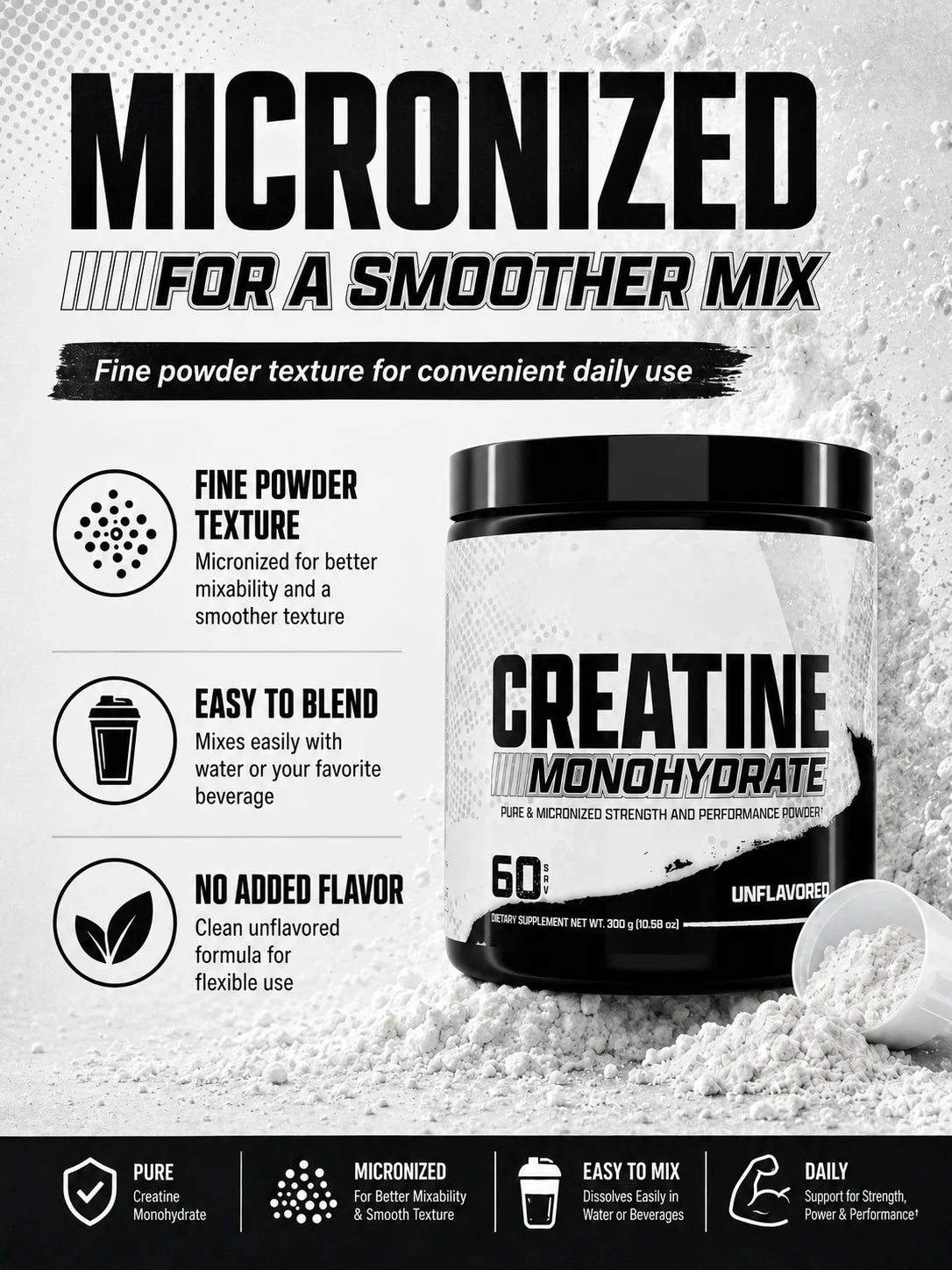 Creatine Monohydrate Powder 300g 60 Servings Micronized Unflavored Easy to Mix Strength Performance Muscle Growth Supplement