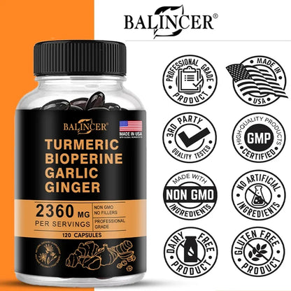 4-in-1 Turmeric Ginger Supplement with Pepperin 2360 Mg with Garlic Curcumin Black Pepper, for Joint, Digestive &amp; Immune Support