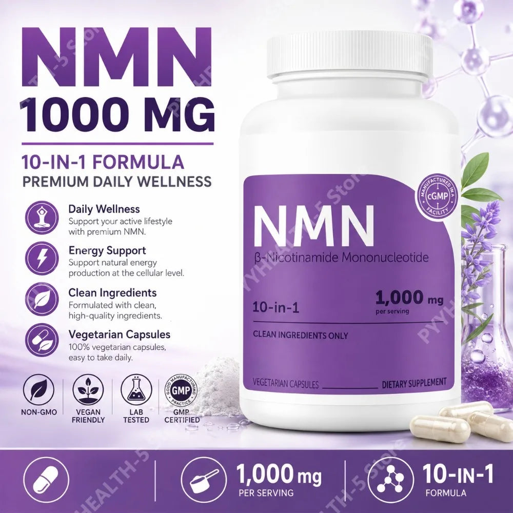 NMN Complex 1000mg Per Serving, 10-in-1 NAD+ Precursor with Resveratrol CoQ10, 120 Vegetarian Capsules Daily Support