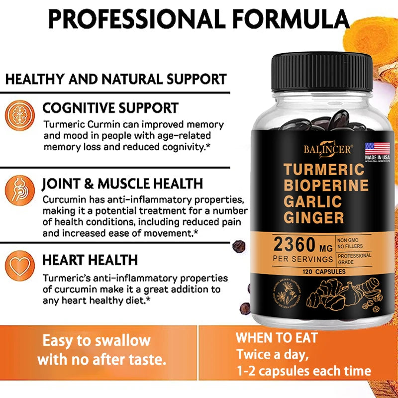 4-in-1 Turmeric Ginger Supplement with Pepperin 2360 Mg with Garlic Curcumin Black Pepper, for Joint, Digestive &amp; Immune Support