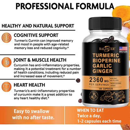 4-in-1 Turmeric Ginger Supplement with Pepperin 2360 Mg with Garlic Curcumin Black Pepper, for Joint, Digestive &amp; Immune Support