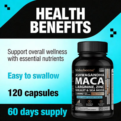 Enhancing Supplement Blend - L-Arginine + Maca + Ashwagandha, Stamina Muscle Growth, Vascular Function, Blood Circulation