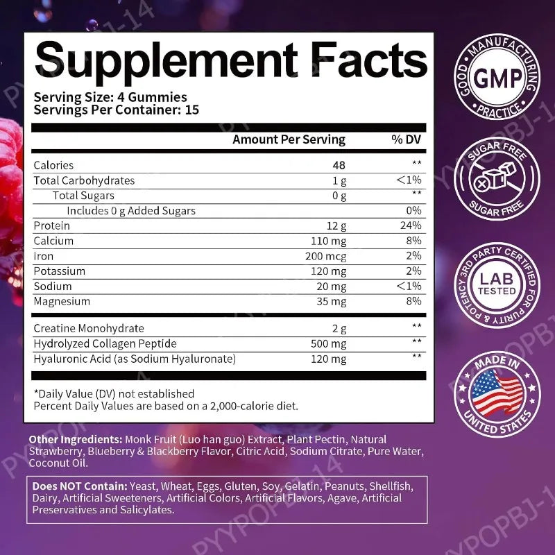 Protein Gummies with Whey Creatine Collagen 12g Protein Muscle Support Energy Nutrition Sugar Free Fitness Supplement 60 Gummies
