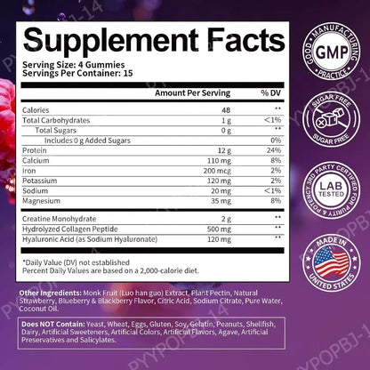 Protein Gummies with Whey Creatine Collagen 12g Protein Muscle Support Energy Nutrition Sugar Free Fitness Supplement 60 Gummies