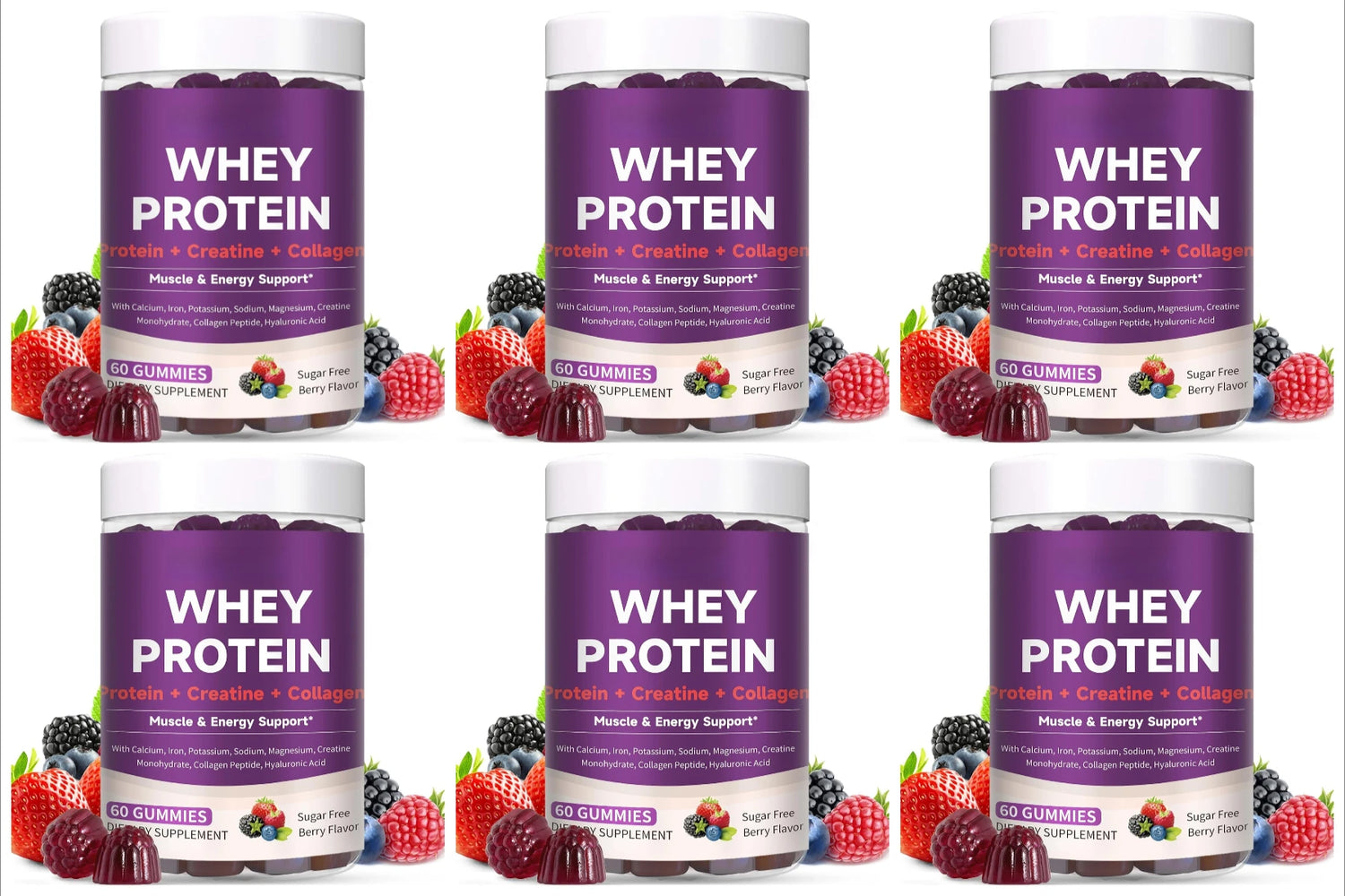 Protein Gummies with Whey Creatine Collagen 12g Protein Muscle Support Energy Nutrition Sugar Free Fitness Supplement 60 Gummies