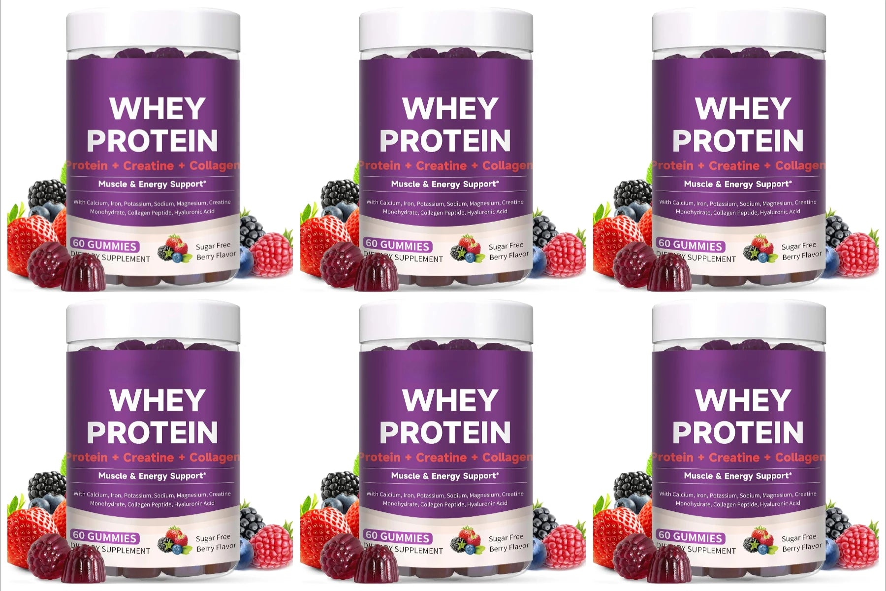 Protein Gummies with Whey Creatine Collagen 12g Protein Muscle Support Energy Nutrition Sugar Free Fitness Supplement 60 Gummies