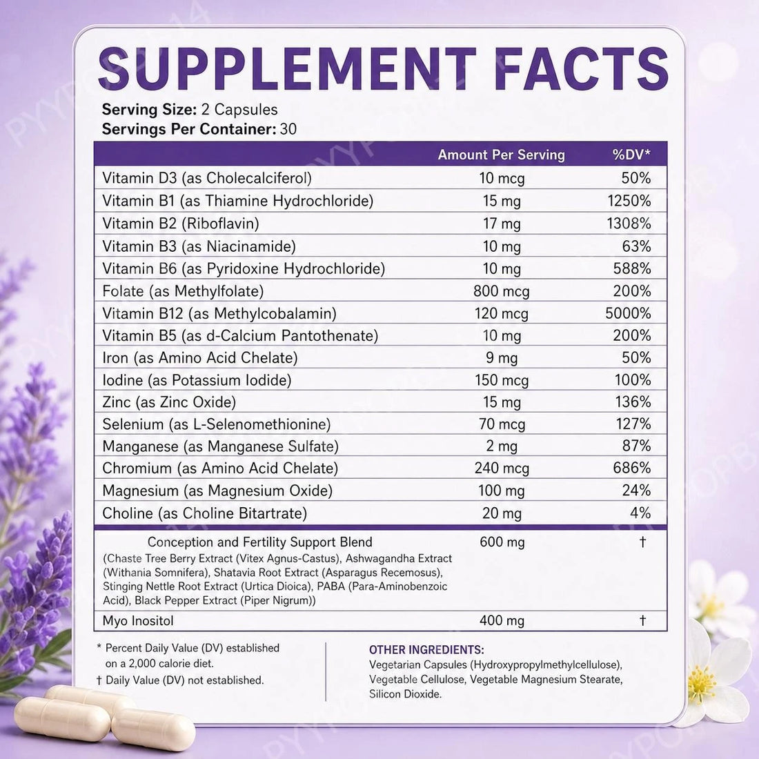 Fertility Support for Women Myo-Inositol Folate Zinc Magnesium Vitamin B12 Pre-Pregnancy Capsules 60 Count