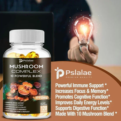 Mushroom Complex Supplement - Supports Brain and Immune Health, Enhances Memory, Focus and Clarity, Boosts Energy, Non-GMO