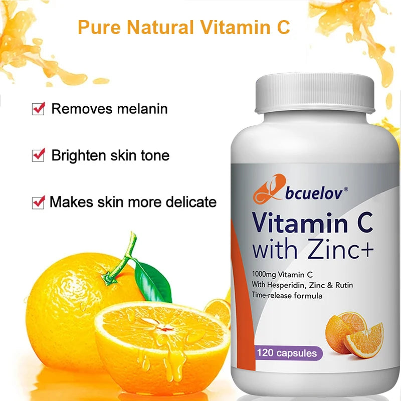 Bcuelov Vitamin C Mit Zink Capsules 1000mg Vitamin C with 5mg Zinc Capsule Immune Support, Energy Production, Vitamin Supplement