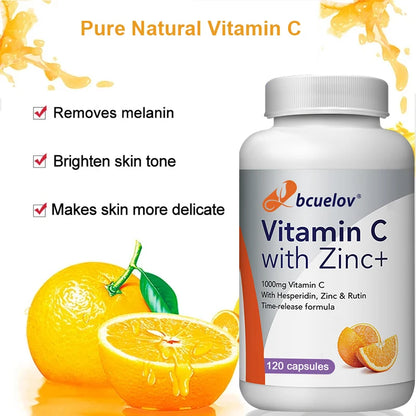 Bcuelov Vitamin C Mit Zink Capsules 1000mg Vitamin C with 5mg Zinc Capsule Immune Support, Energy Production, Vitamin Supplement