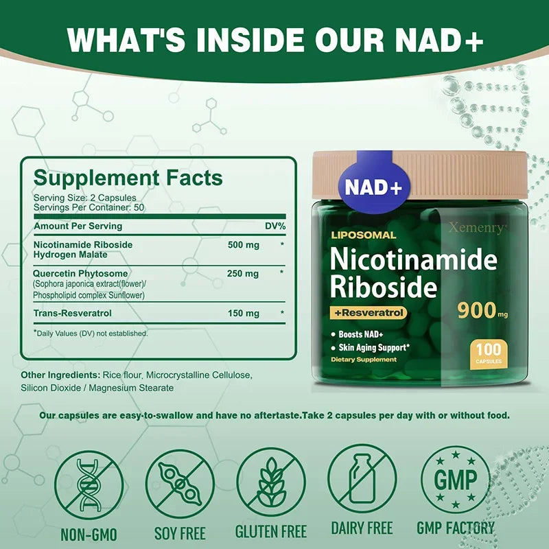 NAD+ Supplement - Anti-Aging, Energy - Liposomal Nicotinamide Riboside Capsules 900mg with Resveratrol &amp; Quercetin Capsules