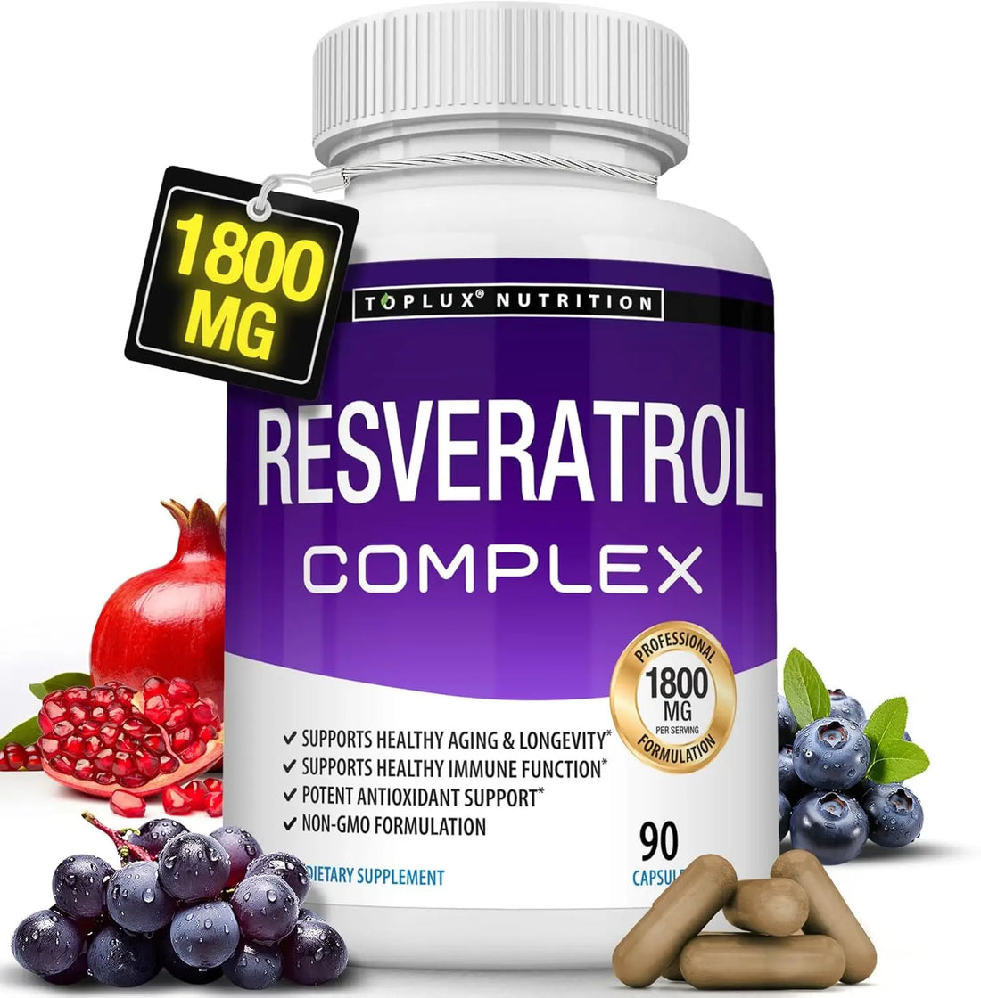Resveratrol Complex Supplement 1800mg Antioxidant Pills for Healthy Aging, Overall Health, Immune System, Brain Function 90 Caps