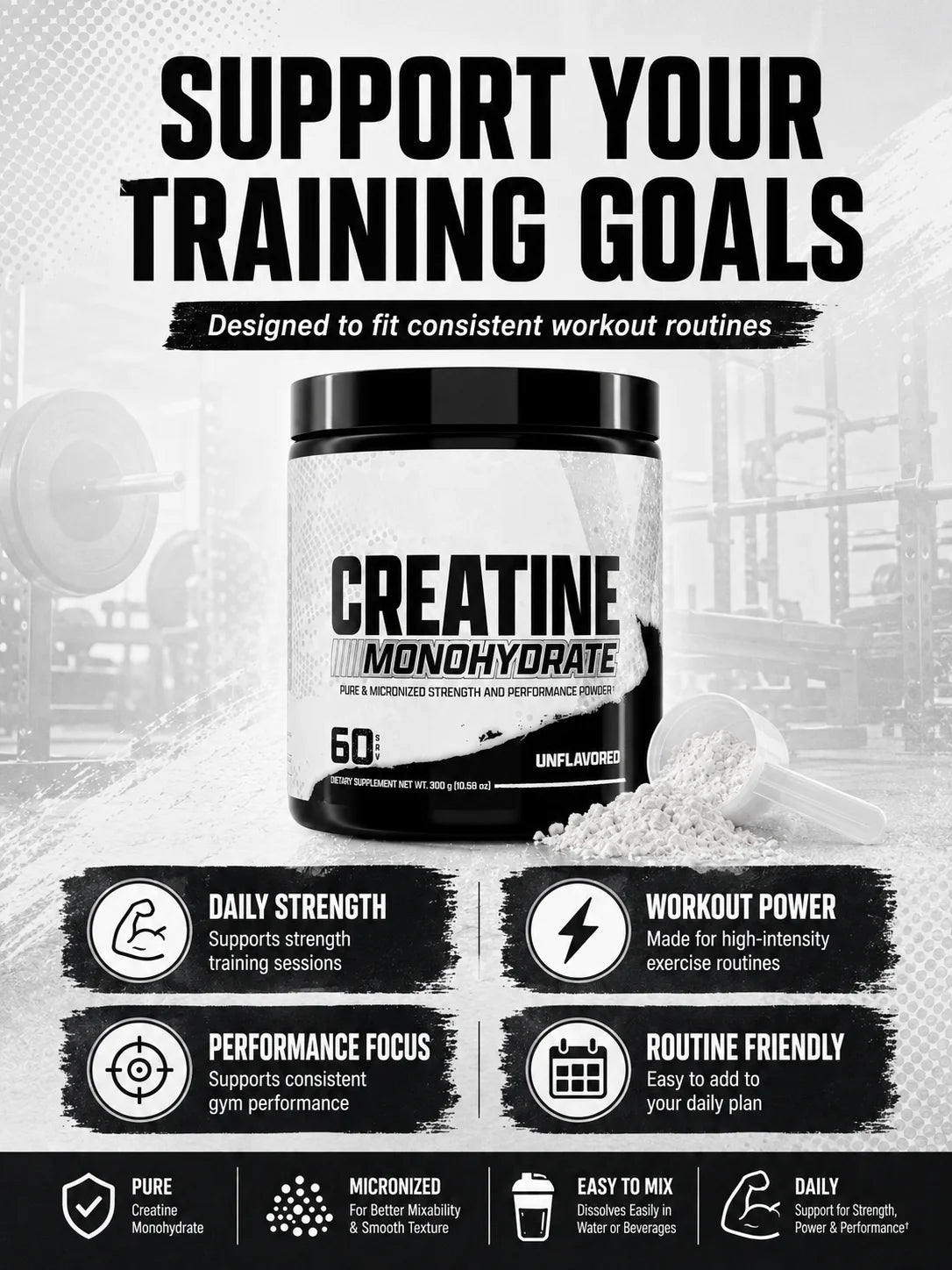 Creatine Monohydrate Powder 300g 60 Servings Micronized Unflavored Easy to Mix Strength Performance Muscle Growth Supplement
