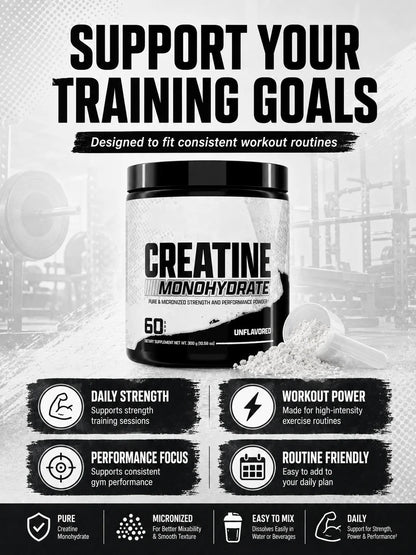 Creatine Monohydrate Powder 300g 60 Servings Micronized Unflavored Easy to Mix Strength Performance Muscle Growth Supplement