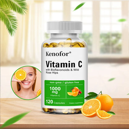 Vitamin C 1000mg - with Bioflavonoids &amp; Wild Rose Hips,Supports Skin Health,Antioxidant,Immune System Health,120 Capsules