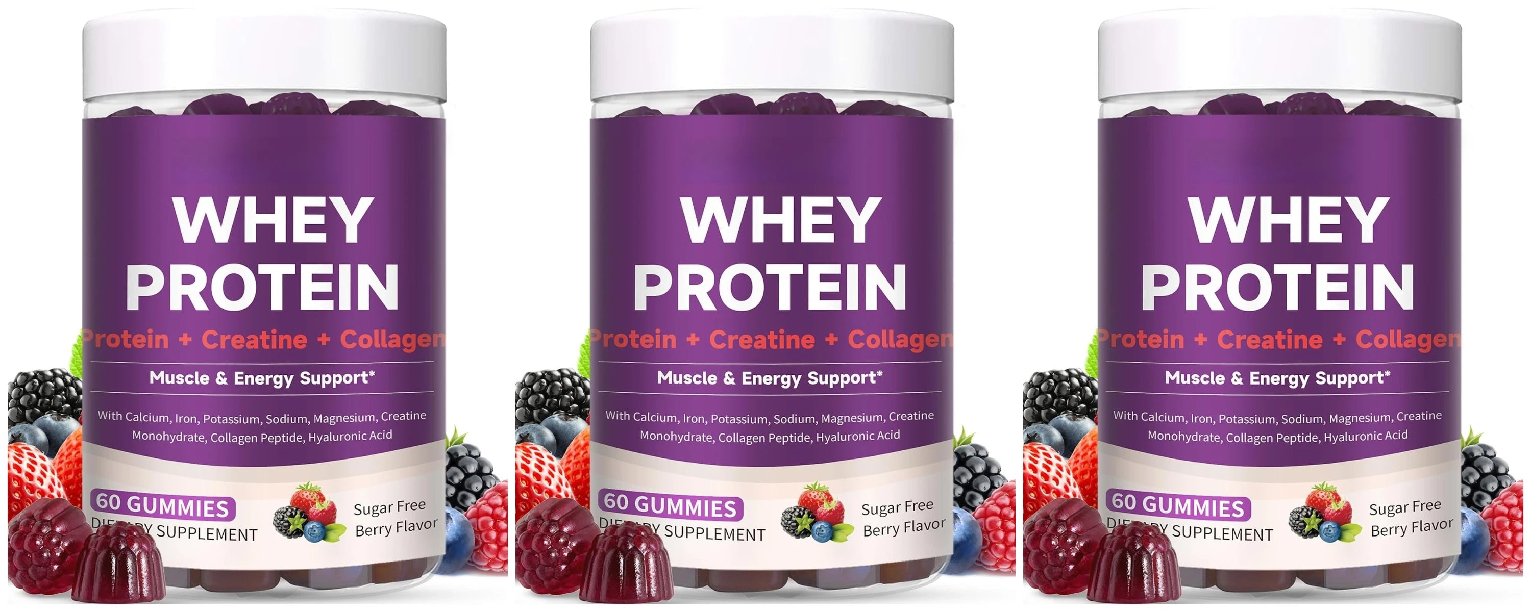 Protein Gummies with Whey Creatine Collagen 12g Protein Muscle Support Energy Nutrition Sugar Free Fitness Supplement 60 Gummies