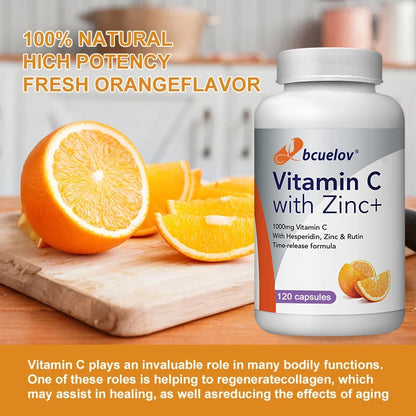 Bcuelov Vitamin C Mit Zink Capsules 1000mg Vitamin C with 5mg Zinc Capsule Immune Support, Energy Production, Vitamin Supplement