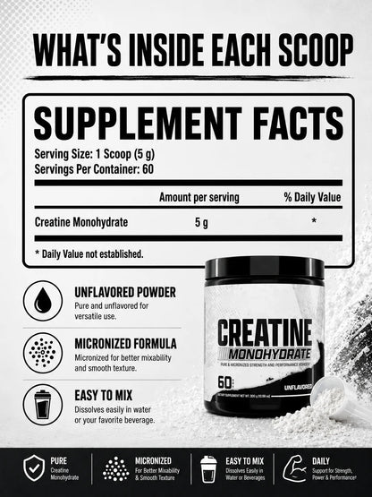 Creatine Monohydrate Powder 300g 60 Servings Micronized Unflavored Easy to Mix Strength Performance Muscle Growth Supplement