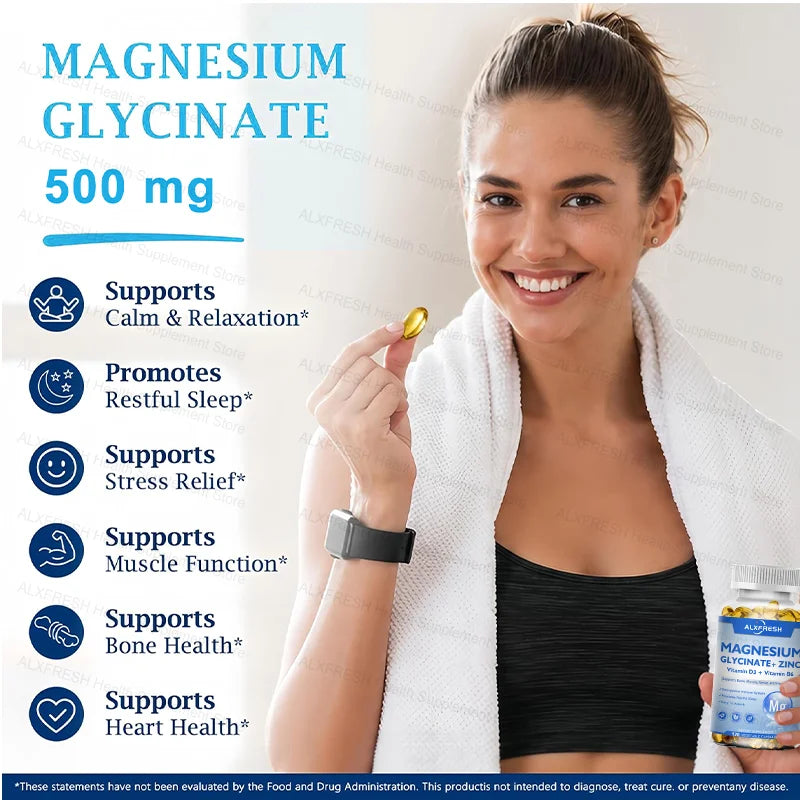 Original Magnesium Glycinate 500mg Supplement – High Absorption for Relaxation, Sleep &amp; Muscle Support - D3 B6 Zinc