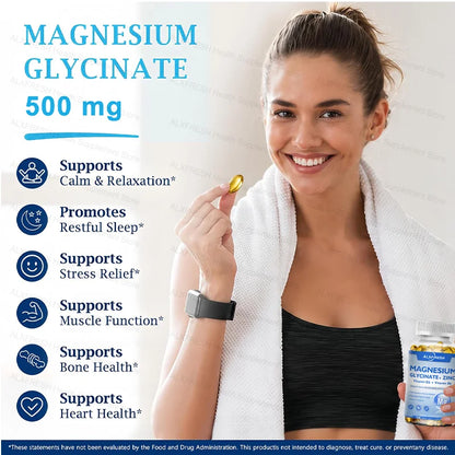Original Magnesium Glycinate 500mg Supplement – High Absorption for Relaxation, Sleep &amp; Muscle Support - D3 B6 Zinc