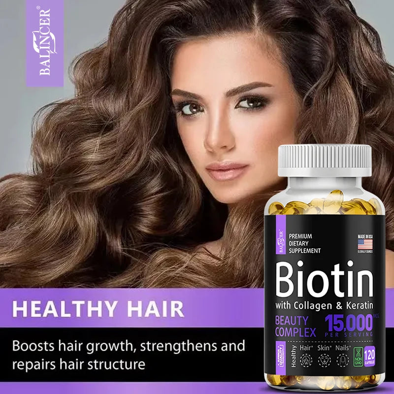Biotin Supplement - 15,000 Mcg with Collagen and Keratin, Vitamins, Shiny Hair, Skin and Nails, Joint Health, 30/60/120 Capsules