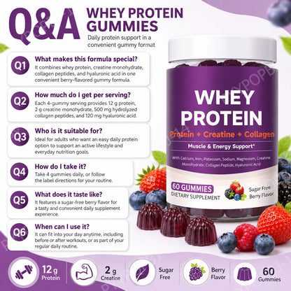 Protein Gummies with Whey Creatine Collagen 12g Protein Muscle Support Energy Nutrition Sugar Free Fitness Supplement 60 Gummies