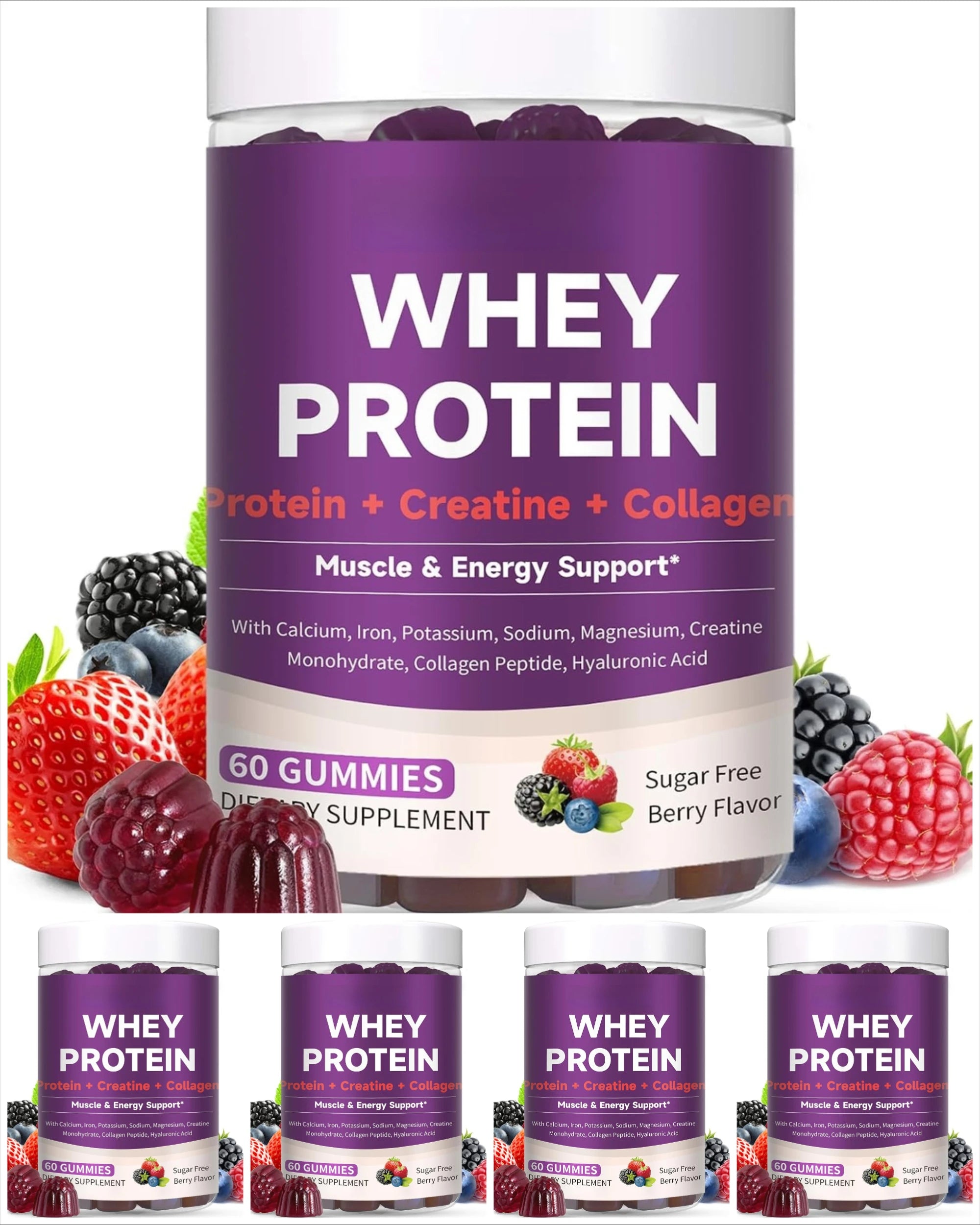 Protein Gummies with Whey Creatine Collagen 12g Protein Muscle Support Energy Nutrition Sugar Free Fitness Supplement 60 Gummies