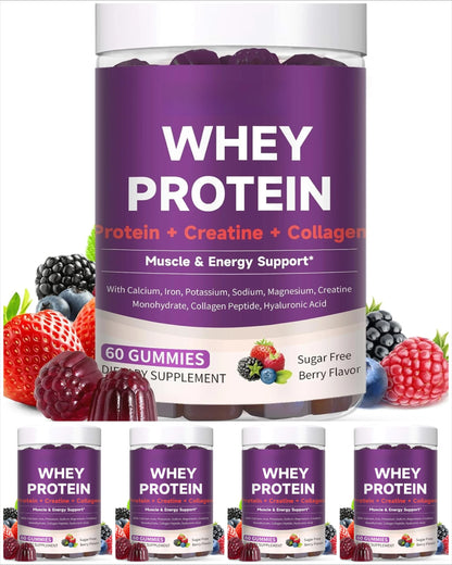 Protein Gummies with Whey Creatine Collagen 12g Protein Muscle Support Energy Nutrition Sugar Free Fitness Supplement 60 Gummies