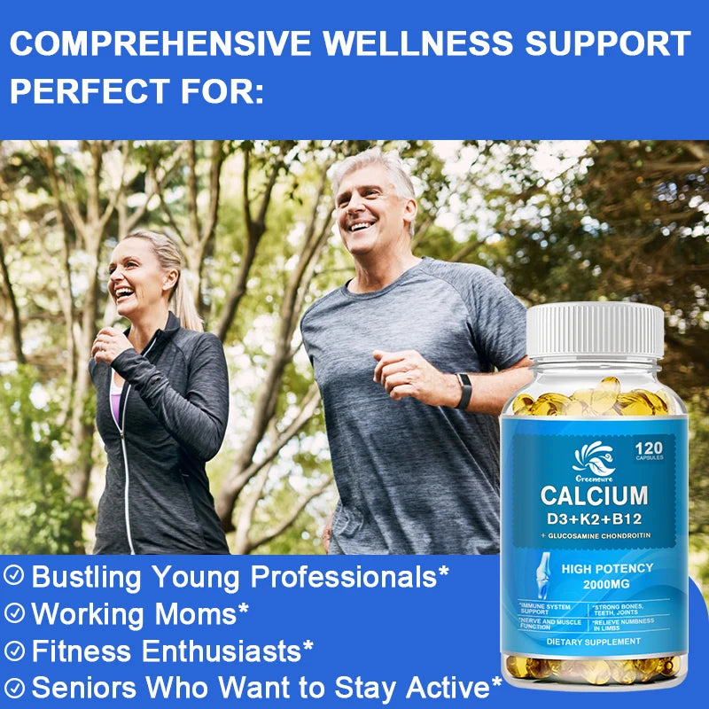 Calcium Vitamin D3 Plus with B12, K2 - High Potency Food Based Immune - Support Bone Health &amp; Mood Balance Supplement