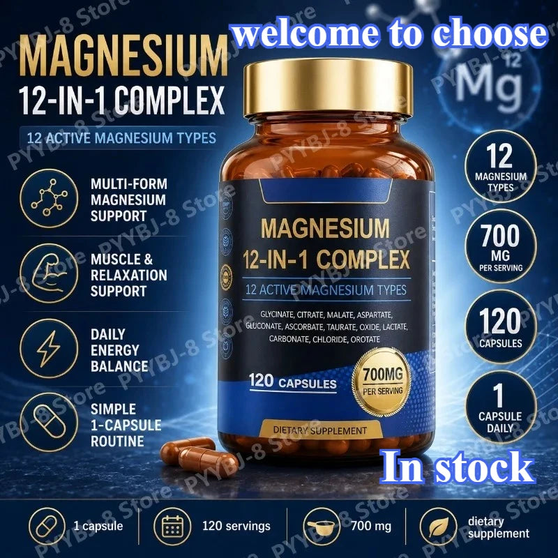 12 in 1 Magnesium Complex Capsules Support Muscle Relaxation &amp; Heart Health 120 Count Dietary Supplement—Glycinate Aspartate Etc