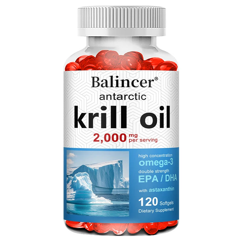 Antarctic Krill Oil 2000mg Supplement, 3X Strength Natural Source of Omega-3s, EPA 240mg + DHA 160mg + Astaxanthin 800mcg