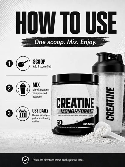 Creatine Monohydrate Powder 300g 60 Servings Micronized Unflavored Easy to Mix Strength Performance Muscle Growth Supplement
