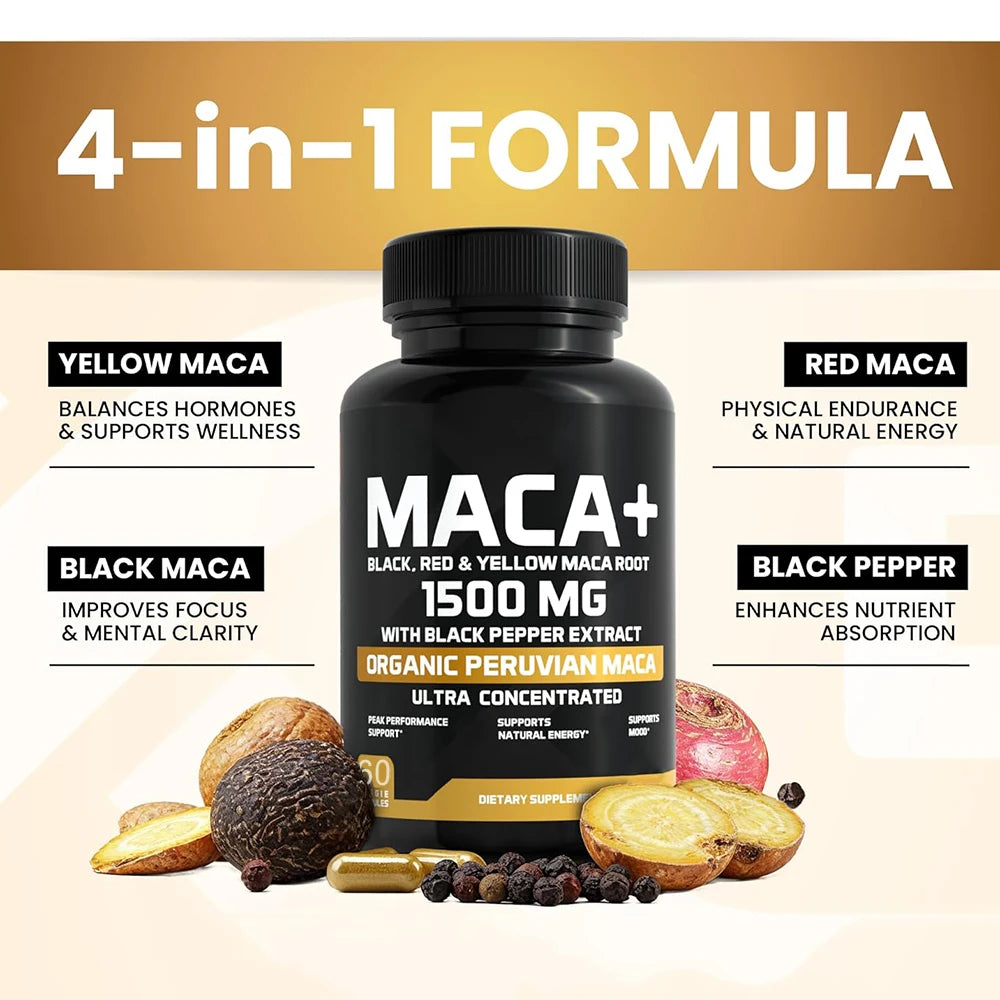 Organic Maca Root Powder Capsules 1500mg with Black+Red+Yellow Peruvian Maca Root Supplement for Men and Women - Vegan Pills