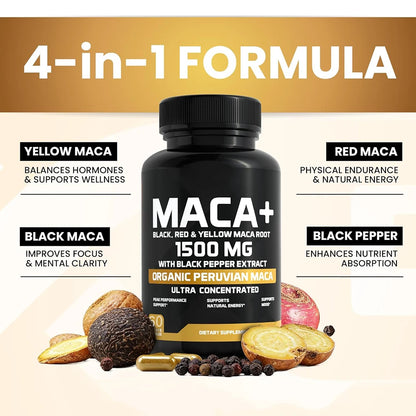 Organic Maca Root Powder Capsules 1500mg with Black+Red+Yellow Peruvian Maca Root Supplement for Men and Women - Vegan Pills