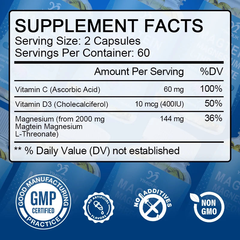 Magnesium L-Threonate Supplement, with Vitamin C, Vitamin D3, Support Stress Relief, Sharper Mind, Brain Health, Gluten-Free
