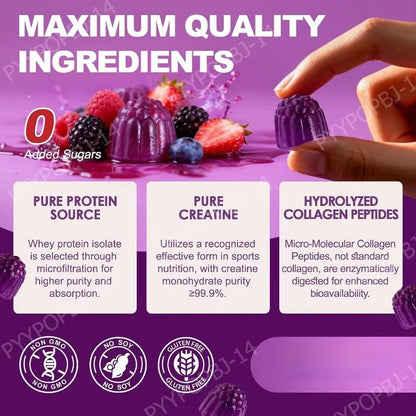 Protein Gummies with Whey Creatine Collagen 12g Protein Muscle Support Energy Nutrition Sugar Free Fitness Supplement 60 Gummies