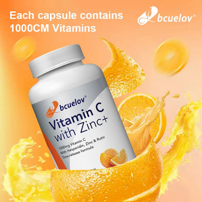 Bcuelov Vitamin C Mit Zink Capsules 1000mg Vitamin C with 5mg Zinc Capsule Immune Support, Energy Production, Vitamin Supplement