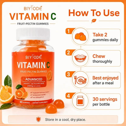 Vitamin C Gummies 250mg Orange Flavor 60 Count Fruit Pectin Chewables Daily Wellness Supplement Gluten Free for Adults Men Women