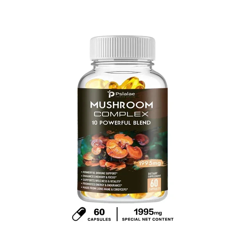 Mushroom Complex Supplement - Supports Brain and Immune Health, Enhances Memory, Focus and Clarity, Boosts Energy, Non-GMO