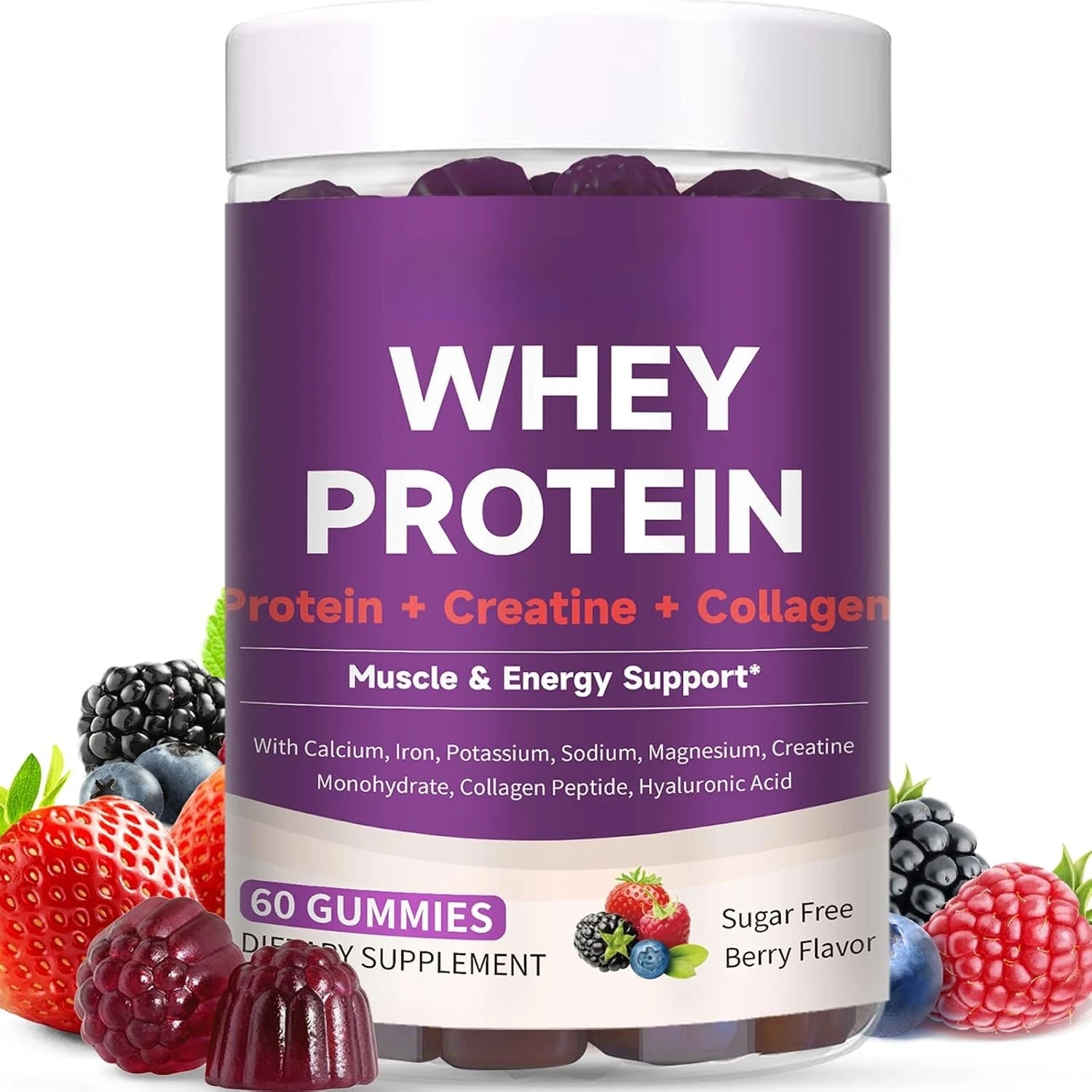 Protein Gummies with Whey Creatine Collagen 12g Protein Muscle Support Energy Nutrition Sugar Free Fitness Supplement 60 Gummies